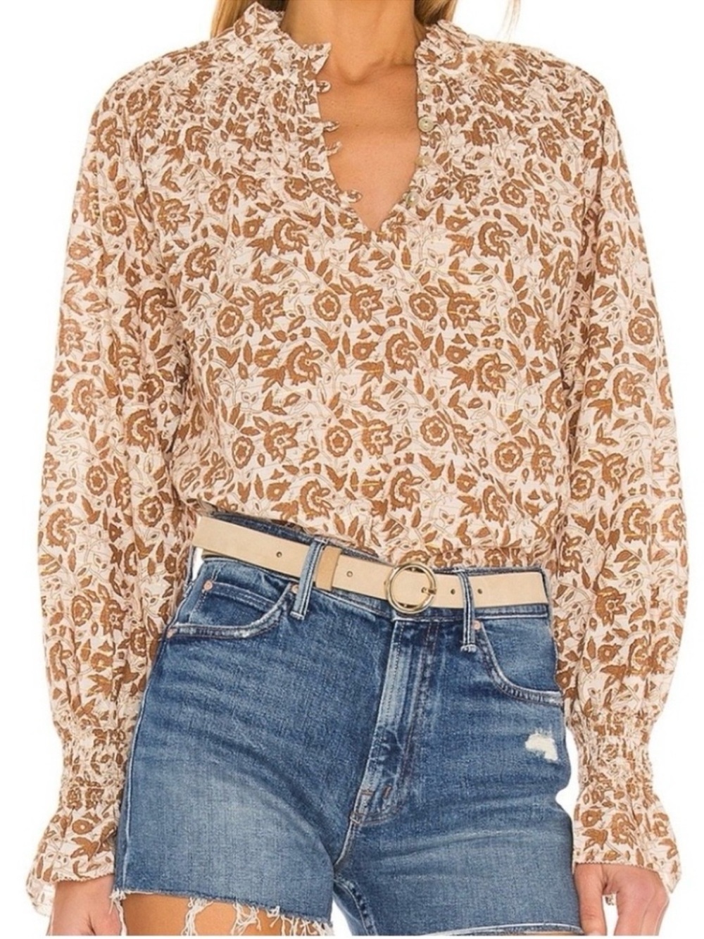 Cleobella Reza Blouse Peasant Tamil Block Print Floral Cotton Boho Brown Ivory